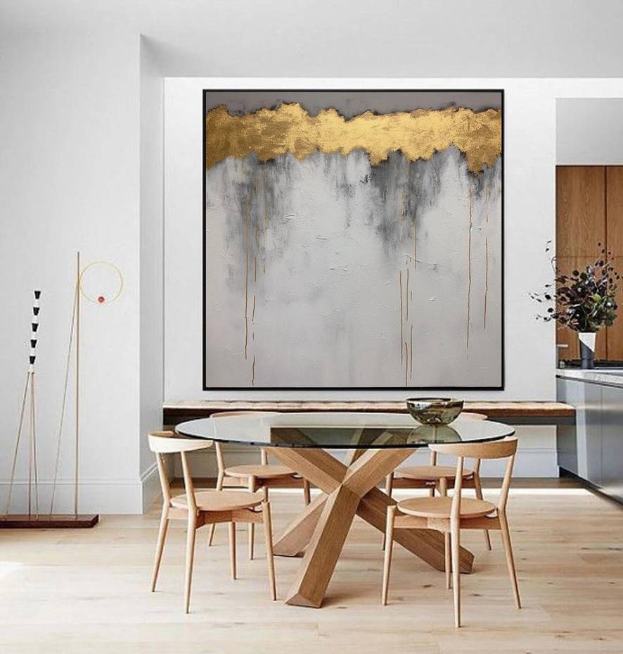 Grey Hand-painted Original Leaf Textured Abstract Canvas Artwork OO6ZX